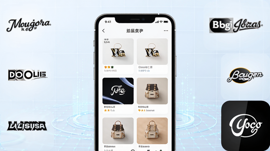 众享贵品APP特色功能展示,画面中央为手机界面,展示全球好物直供的品类,周围环绕多个国际品牌标志,背景为淡蓝色科技网格,风格现代简约,高清画质,干净无多余元素