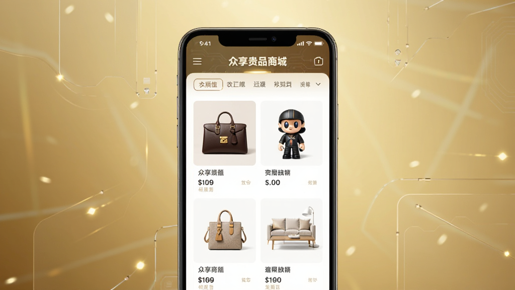 众享贵品商城界面展示,手机屏幕占据画面中央,显示精美的奢侈品、潮玩和家居商品,背景为柔和渐变金色,整体布局简洁大气,科技感与奢华感融合,高清渲染,干净无多余元素