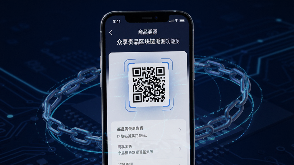 众享贵品区块链溯源功能预览,手机屏幕显示商品溯源信息页面,带有二维码和链条图标,背景为深蓝色科技感背景,数据流线条环绕,风格科技、专业,高清渲染,干净无多余元素