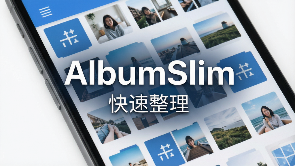 AlbumSlim相册整理工具主视觉图,展示手机屏幕中整齐排列的相册缩略图,界面风格清爽简洁,主色调为蓝色和白色,背景干净无杂物,画面中央有文字“AlbumSlim”,下方有“快速整理”字样,整体风格为扁平化UI设计,高清画质,干净无多余元素