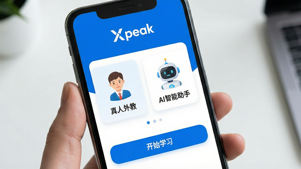 一张智能手机屏幕展示Xpeak应用主界面,界面风格现代简洁,以蓝色和白色为主色调,顶部显示“Xpeak”品牌标志,中间是“真人外教”与“AI智能助手”两个功能卡片,下方是“开始学习”按钮,整体布局清晰,画面干净,高画质,无多余元素。