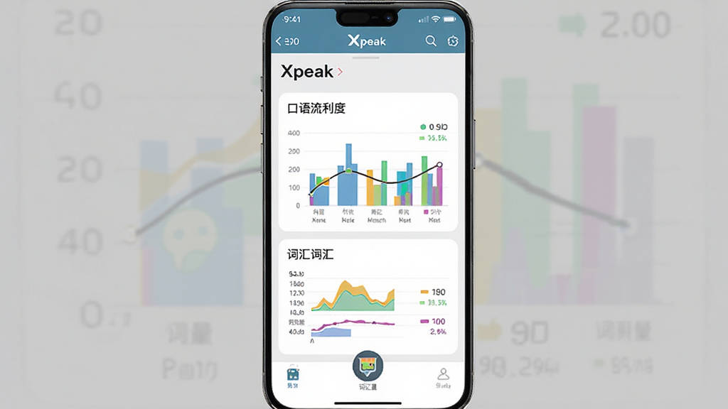 一张竖版手机截图,展示Xpeak应用内的“学习报告”页面,页面以图表形式展示口语流利度、词汇量等数据,背景为浅灰色,图表颜色鲜艳,布局清晰,高画质,干净无多余元素。