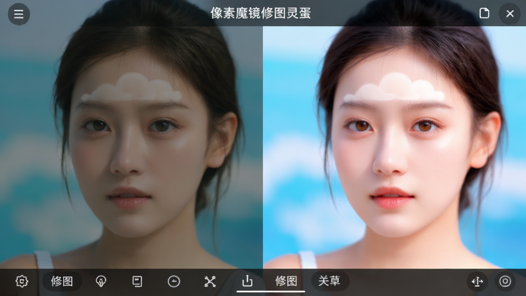 展示“像素魔镜修图灵蛋糕海草Aperty云”人像精修对比效果,左半部分为原始照片,右半部分为处理后的照片,人脸区域高亮显示,皮肤细腻,五官立体,背景虚化,界面下方显示修图工具选项,画质清晰,风格自然,突出人物美感,干净无杂物