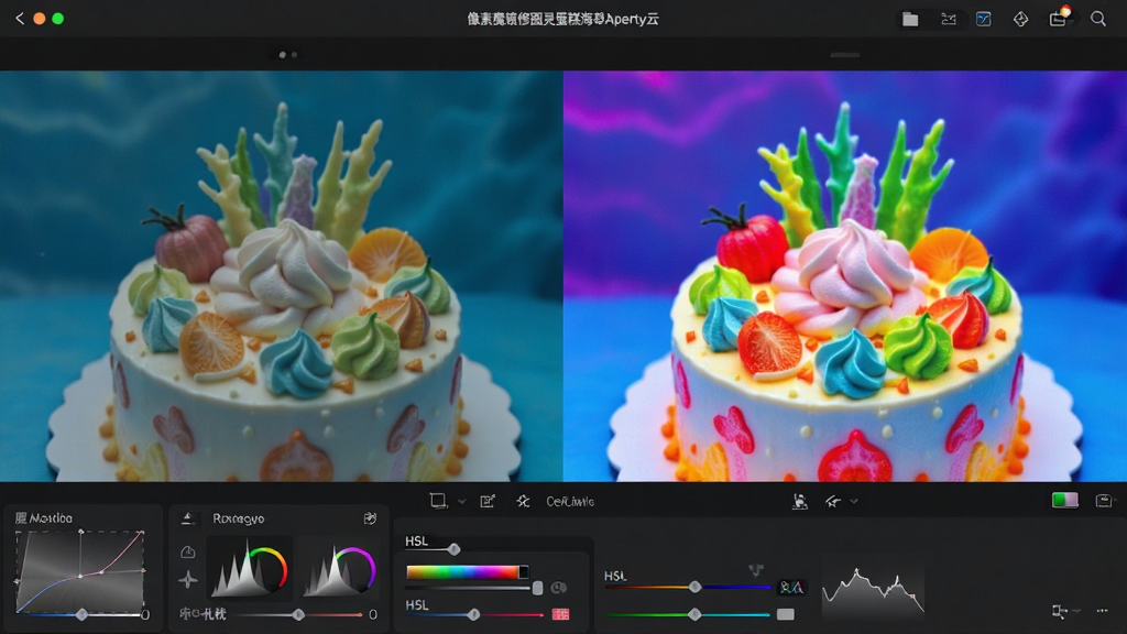 展示“像素魔镜修图灵蛋糕海草Aperty云”调色界面,左侧为原图,右侧为调整后的图片,色彩鲜艳,滤镜效果明显,下方显示调色工具面板,如曲线、色阶、HSL等,界面设计专业,背景为深灰色,突出色彩对比,画质高清,干净无杂物