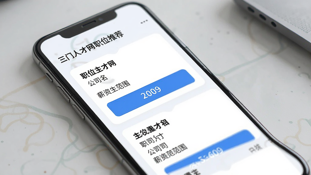 三门人才网职位推荐页面,手机界面中展示“三门人才网”推荐职位列表,每张卡片显示职位名称、公司名称、薪资范围,设计简洁清晰,蓝色高亮按钮,背景淡雅,排版整齐,高清画质,细节精致,无多余元素