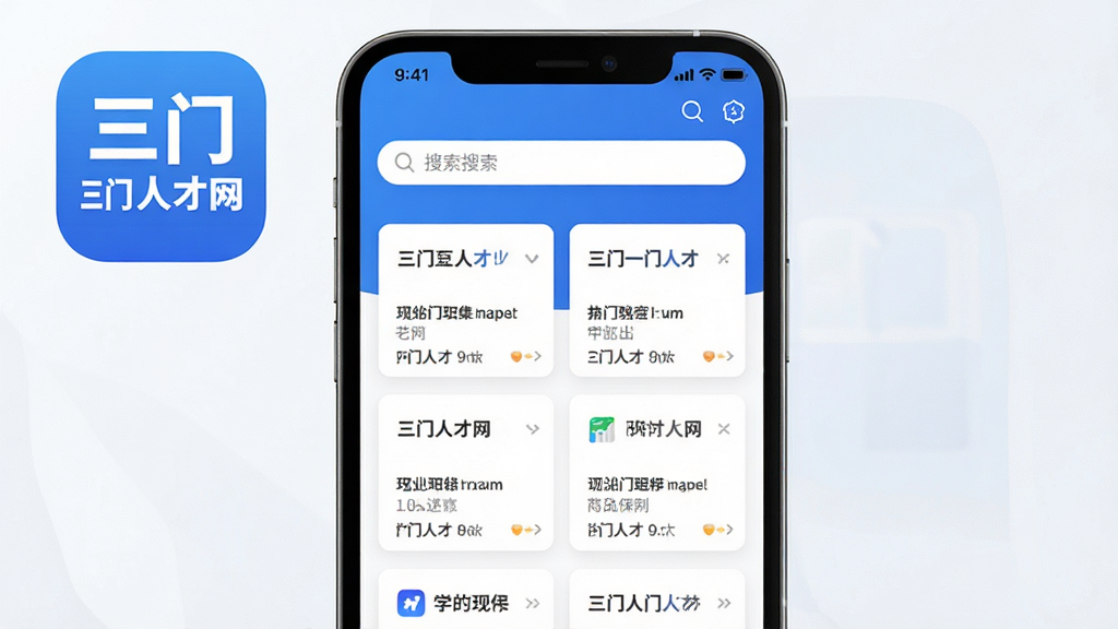 三门人才网主界面展示,手机屏幕中清晰显示“三门人才网”应用图标与首页列表,界面简洁现代,以蓝色为主色调,布局规整,顶部有搜索栏,下方展示各类职位卡片,背景干净,高清渲染,细节丰富,画质清晰,无多余元素