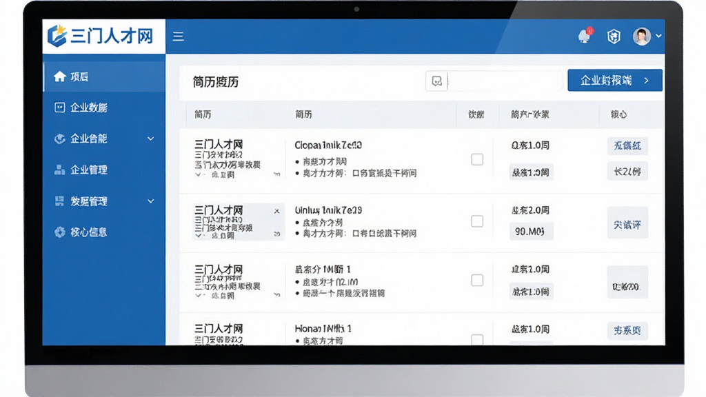 三门人才网企业端界面,展示“三门人才网”企业后台,左侧为功能菜单,右侧显示简历列表,界面专业商务风,蓝白配色,数据清晰,布局合理,高清渲染,画质清晰,无多余元素