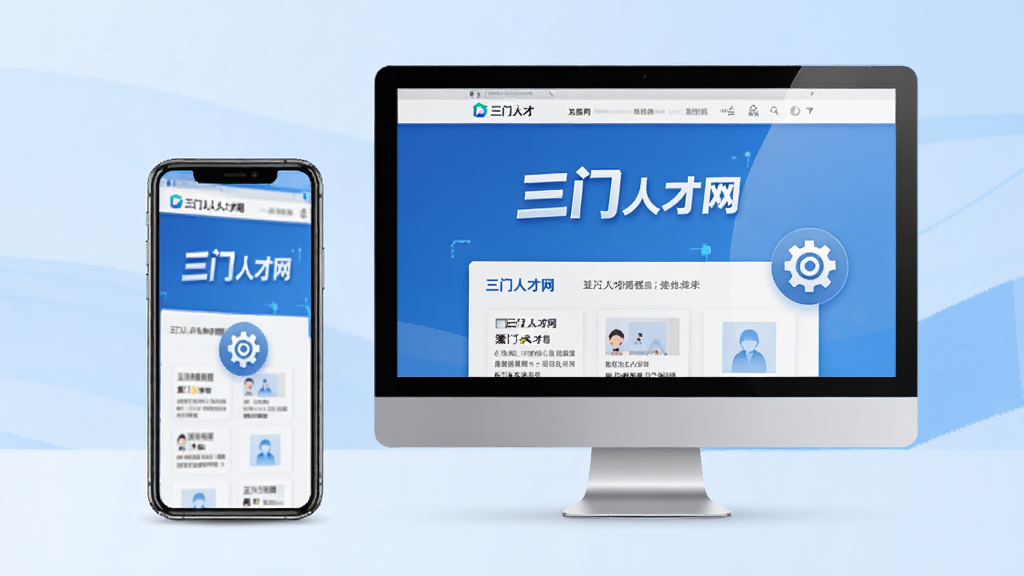 三门人才网使用教程示意图,手机与电脑并排,屏幕上显示“三门人才网”界面,旁边有设置图标,背景简洁,蓝色调,风格现代,高清渲染,画质清晰,无多余元素