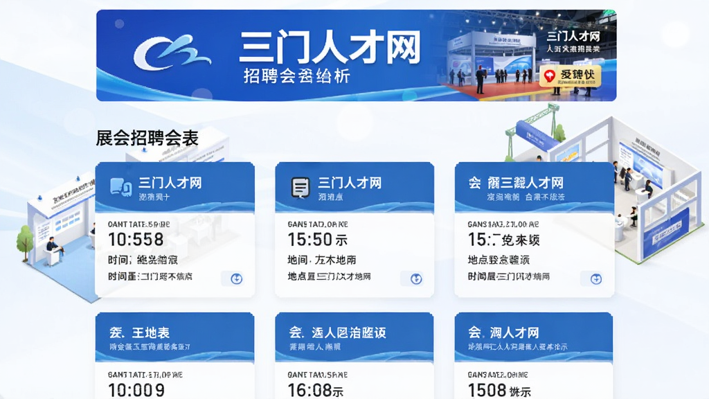 三门人才网招聘会信息页面,展示“三门人才网”招聘会列表,顶部有横幅广告,下方为展会卡片,包含时间地点,背景有会场示意图,整体风格明亮,信息清晰,高清画质,细节丰富,无多余元素