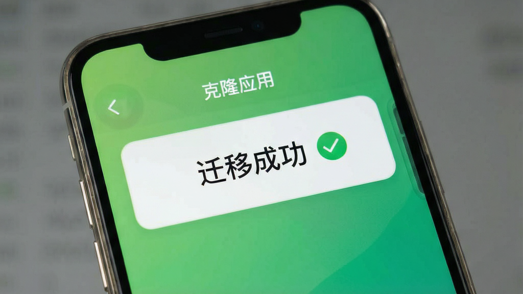 克隆应用传输完成界面,手机屏幕显示“迁移成功”字样,旁边有对勾图标,背景为绿色渐变,风格简约,文字标注“克隆应用”,画质高清,干净无多余元素
