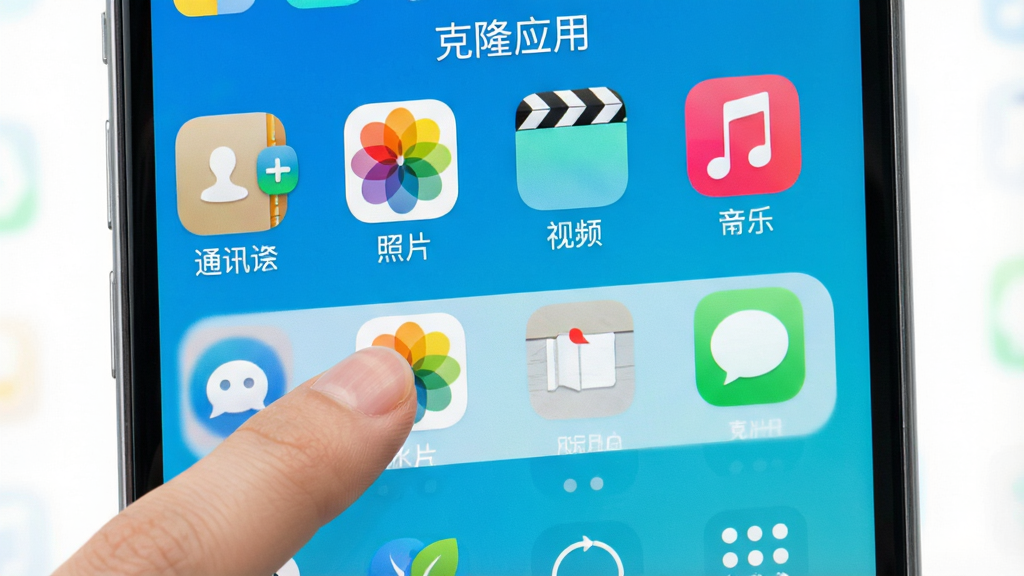 克隆应用文件类型选择界面,屏幕上显示通讯录、照片、视频、音乐等图标,用户手指点击选择,界面简洁,色彩明亮,文字标注“克隆应用”,画质高清,干净无多余元素