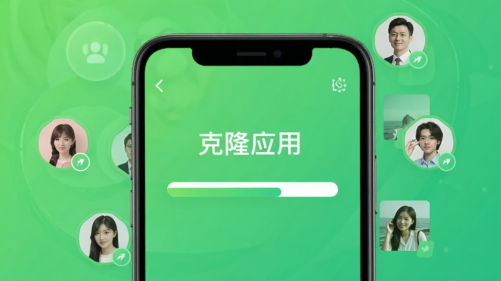 克隆应用自动扫描数据过程,手机屏幕显示进度条,周围有联系人头像和照片缩略图,背景为渐变绿色,风格清新,文字标注“克隆应用”,画质细腻,干净无多余元素