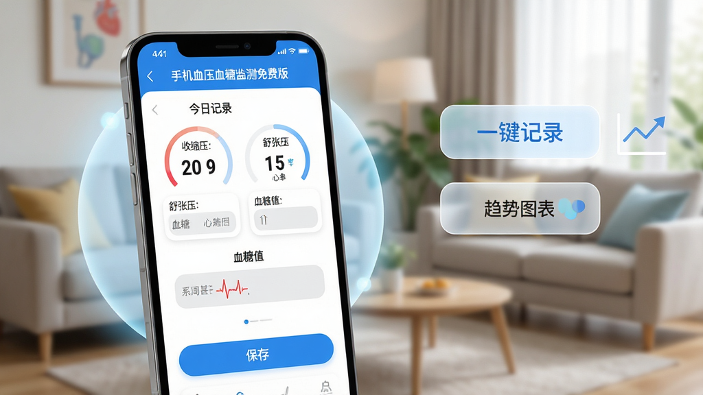 主体:一部智能手机屏幕上显示“手机血压血糖监测免费版”APP主界面,界面清晰展示血压、血糖、心率三个圆形数据仪表盘。布局:手机位于画面中央偏左,右侧悬浮着“一键记录”“趋势图表”等半透明功能按钮。排版:整体采用扁平化设计,数据区域突出,色彩以蓝白为主,点缀红色心跳线。风格:现代医疗健康风格,明亮干净,科技感与亲和力并存。细节:屏幕内数字清晰可读,背景是虚化的客厅环境,暗示家庭使用场景。画质:4K超清渲染,干净无多余元素。】
<h3>核心特色</h3><h4>一键记录,轻松掌握体征:</h4><p>软件将复杂的健康数据记录简化为“一键”操作。您只需在测量后,将数值手动输入或通过适配设备同步,即可完成当天血压、血糖、心率的记录。系统会自动生成清晰的时间轴,方便您回顾每日、每周甚至每月的健康变化。对于不擅长操作智能手机的长辈,这种极简设计大大降低了使用门槛,让健康管理不再是一件麻烦事。</p>[[IMG:主体:一部手机的特写,屏幕上显示“手机血压血糖监测免费版”的记录页面,有“收缩压”“舒张压”“血糖值”等输入框,下方是“保存”按钮。布局:手机占据画面主要位置,周围有柔和的浅蓝色圆形光斑装饰。排版:界面元素排列整齐,输入框采用圆角设计,字体清晰。风格:清新简洁的移动端界面风格,背景为纯白色,突出功能。细节:屏幕上方显示“今日记录”字样,输入框内有灰色提示文字。画质:超清,干净,无多余元素。