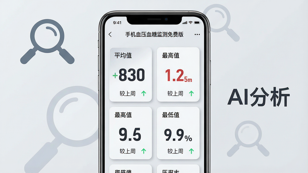 主体:一张手机屏幕截图,显示“手机血压血糖监测免费版”的数据分析页面,有“平均值”“最高值”“最低值”等统计卡片。布局:手机屏幕居中,周围有放大镜图标和“AI分析”字样。排版:卡片式布局,数字大而醒目,背景为浅灰色。风格:专业医疗数据风格,简洁冷酷,强调信息层级。细节:卡片边缘有细微阴影,数据下方有“较上周”的对比箭头。画质:超清,干净,无多余元素。