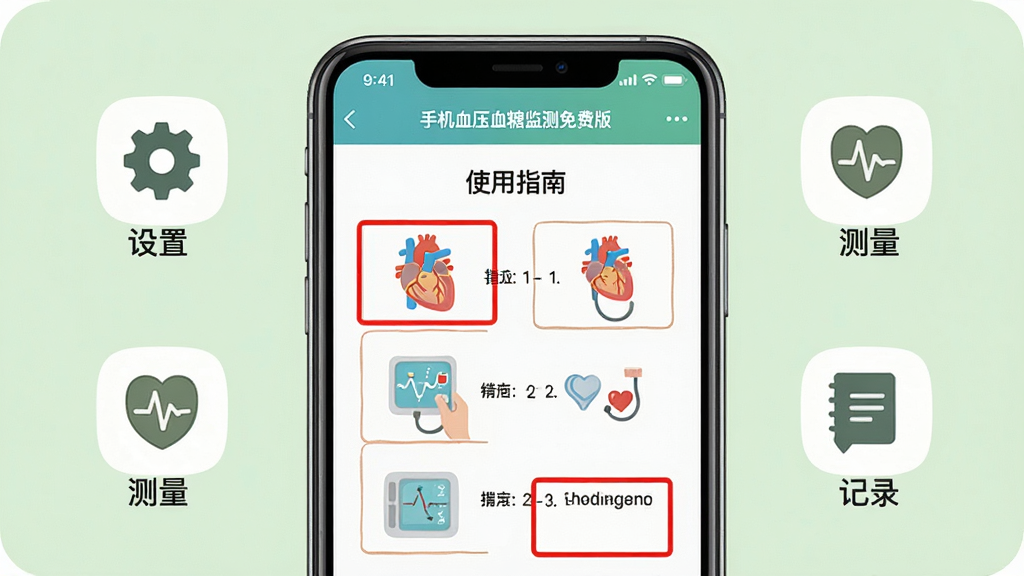 主体:一部手机正在运行“手机血压血糖监测免费版”,屏幕显示“使用指南”页面,有步骤1-2-3的图解说明。布局:手机居中,周围环绕着几个小图标,分别代表“设置”、“测量”、“记录”。排版:步骤清晰,图标简洁,背景为淡绿色。风格:教学指导风格,亲和易懂。细节:手机屏幕内用红色框标出重点按钮位置。画质:高清,干净,无多余元素。