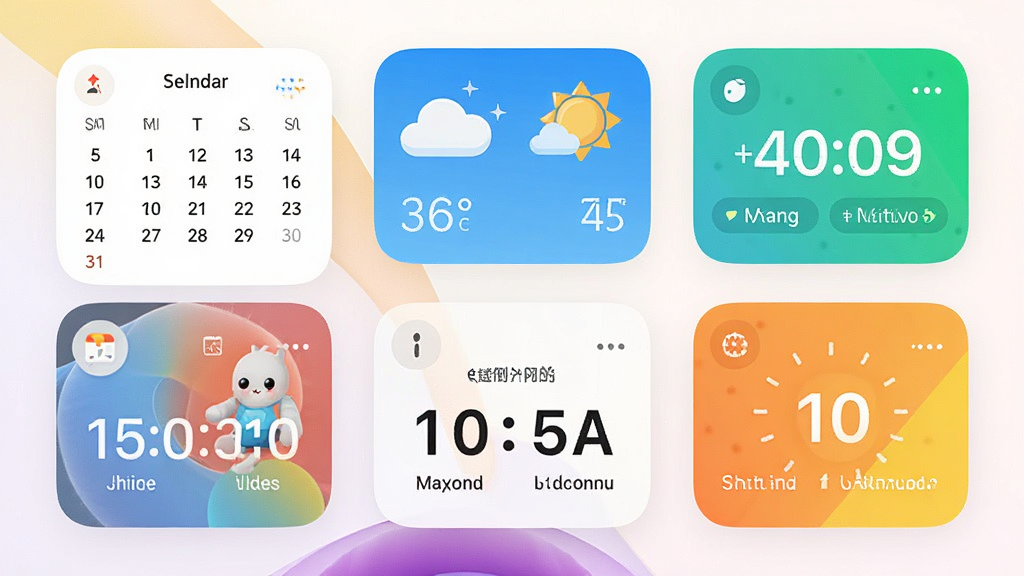 主题小组件手机桌面展示,多种风格组件排列,包含日历、天气、倒计时等,色彩明亮,布局整齐,风格现代简约,细节丰富,画质高清,干净无多余元素