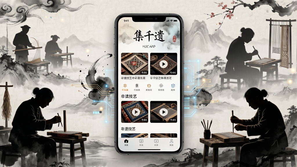 一幅充满文化气息的现代数字艺术画面,主体是“集千遗”APP界面悬浮于古风背景之上,界面展示非遗技艺的图文与视频,背景有传统手工艺人工作剪影,布局采用居中对称,排版简洁大气,风格融合水墨与科技感,细节包括纹理、光影,画质高清干净,无多余元素