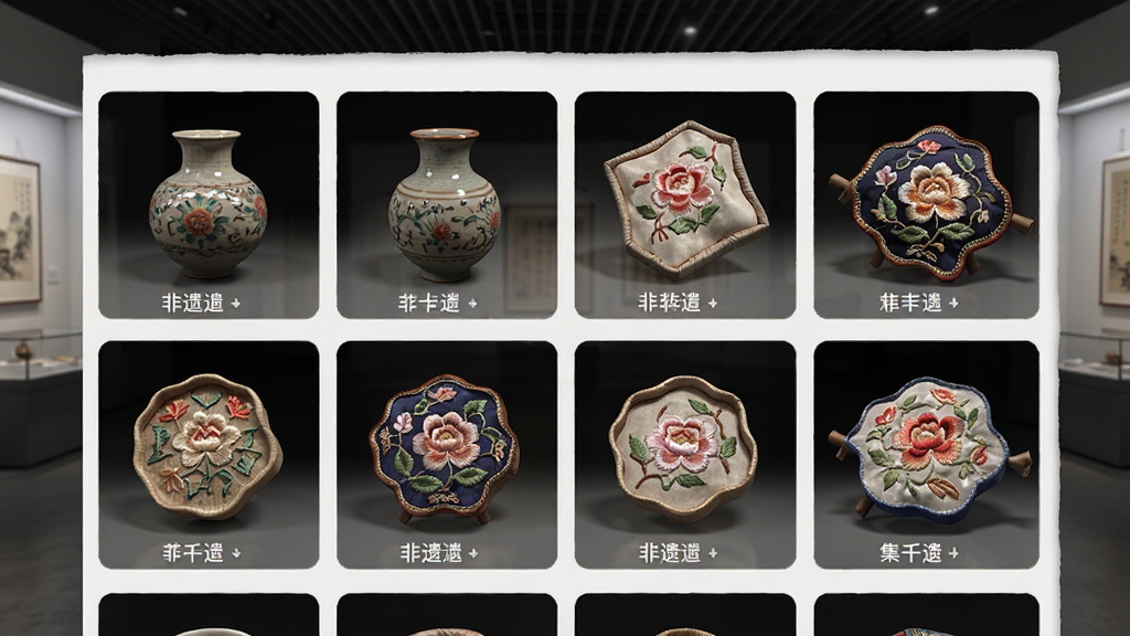 集千遗APP界面展示3D非遗模型,如陶瓷、刺绣,背景为虚拟展厅,布局采用网格排列,排版清晰,风格写实,细节丰富,画质细腻,干净无多余元素