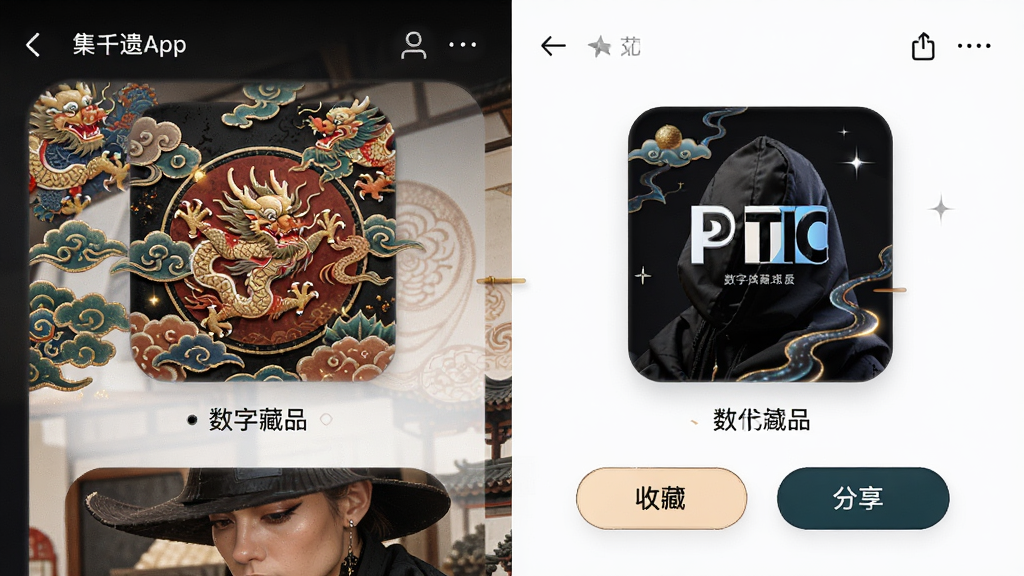 集千遗APP内展示数字藏品页面,传统纹样与现代设计结合,界面有收藏、分享按钮,布局左右分栏,排版时尚,风格潮流,细节精致,画质高清,无多余元素