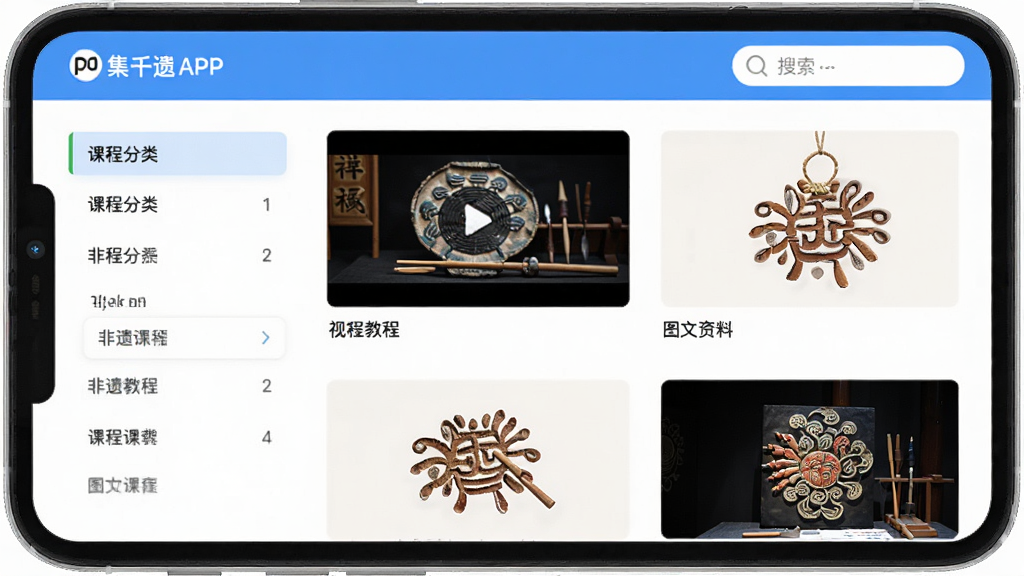 集千遗APP内非遗课程列表页面,包含视频教程与图文资料,界面有课程分类与搜索栏,布局列表式,排版简洁,风格实用,细节清晰,画质明亮,干净无多余元素
