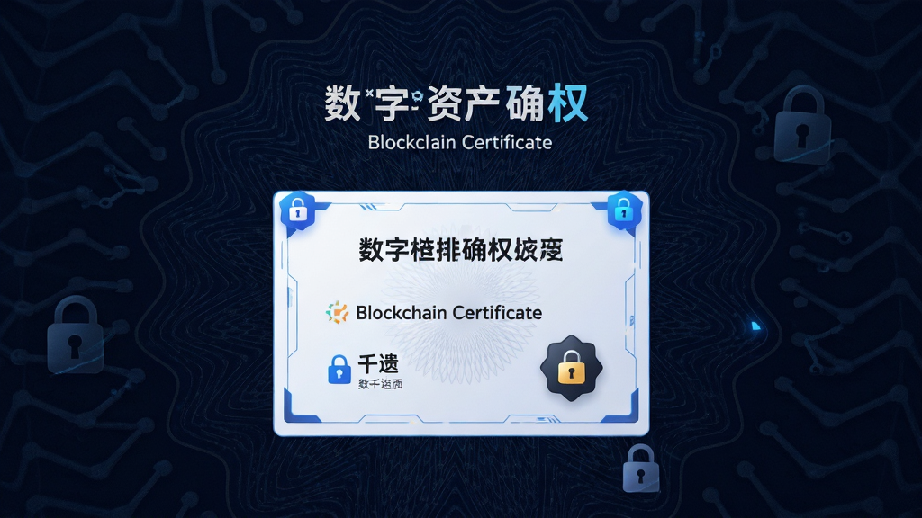集千遗APP内数字资产确权页面,展示区块链证书,背景有防伪纹路,布局居中,排版严谨,风格科技,细节包括加密符号,画质锐利,干净无多余元素