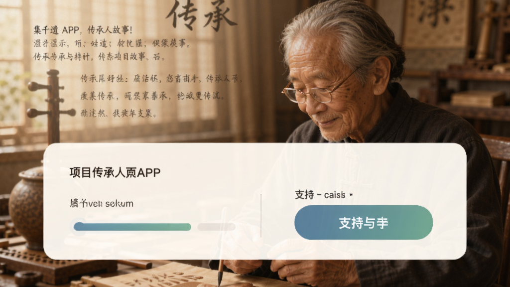 集千遗APP内支持传承人页面,显示项目进度与支持按钮,背景有传承人故事,布局上下结构,排版温馨,风格人文,细节情感丰富,画质柔和,干净无多余元素