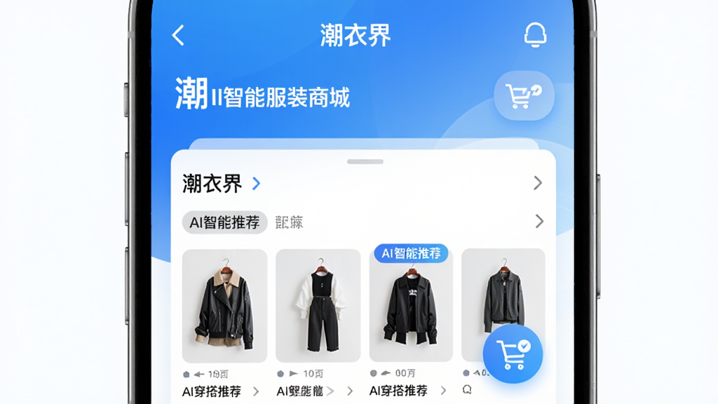 主体:潮衣界APP界面展示,手机屏幕内显示AI穿搭推荐与服装商品列表。布局:手机居中,屏幕内容清晰可见,周围留白。排版:简洁现代,突出“潮衣界”品牌名称与“AI智能服装商城”字样。风格:科技感与时尚感结合,色调明亮(蓝白渐变背景)。细节:手机屏幕内展示服装分类、智能推荐标签、购物车图标。画质:高清渲染,干净,无多余元素。