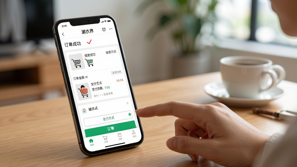 主体:用户操作潮衣界APP的场景,手机屏幕显示购物车与结算页面。布局:手机置于桌面,背景为室内环境。排版:突出“结算成功”提示。风格:写实生活化。细节:手机屏幕显示订单金额与支付方式。画质:高清,干净,无多余元素。