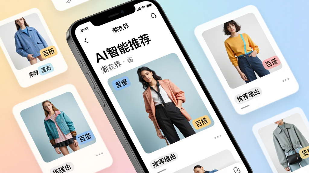 主体:AI智能推荐界面,手机屏幕显示“潮衣界”推荐的服装搭配组合。布局:手机倾斜放置,背景为柔和渐变,服装展示卡片围绕手机。排版:突出“AI智能推荐”标题,搭配模特上身效果图。风格:时尚简约,色彩明快。细节:每件服装旁标注推荐理由标签,如“显瘦”“百搭”。画质:高清细腻,干净,无多余元素。