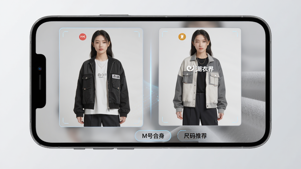 主体:AI试穿功能演示,手机屏幕内显示用户上传照片后试穿“潮衣界”服装的效果。布局:手机居中,背景为浅灰色,模拟试穿对比图。排版:左为原图,右为试穿效果,下方有“尺码推荐”按钮。风格:科技感,简洁。细节:显示尺码推荐信息如“M号合身”,以及面料细节。画质:高清,干净,无多余元素。