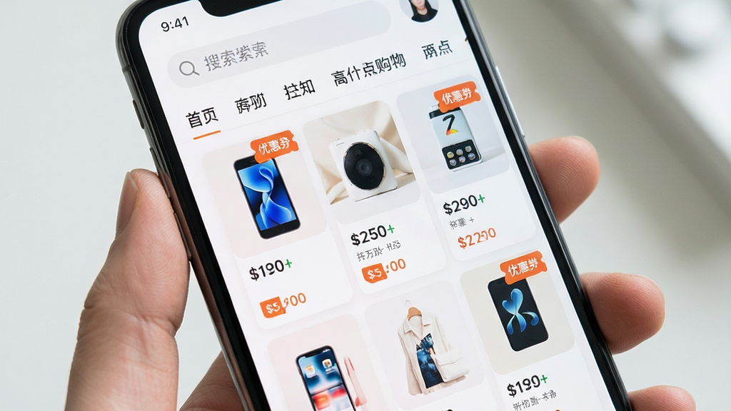 һ�������ֻ���Ļչʾ���ؾ�ѡAPP���棬���涥�����������ͷ��ർ�����м��Ǿ�ѡ��Ʒ�ٲ�������Ʒ��Ƭ����ʾ�۸���Ż�ȯ��ǩ������������������ͻ�����Լ۱ȹ������⣬���沼�����������ʸɾ��޶���Ԫ��