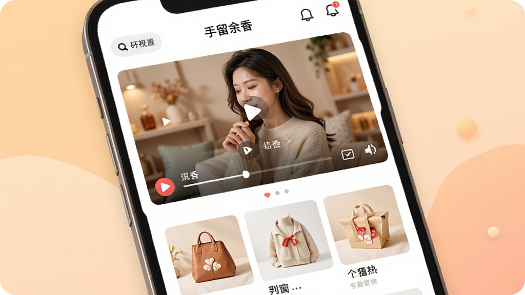 ��������Ϊһ�������ֻ���Ļ��д����Ļ��չʾ���������㡱APP���棬�Ϸ��Ƕ���Ƶ���Ŵ��ڣ��·�����Ʒ��������������������Ϊ��ͽ���ɫ��Ӫ����ܰ�����Χ������ִ���Լ��ϸ�ڷḻ�����ʸ��壬�ɾ��޶���Ԫ�ء�