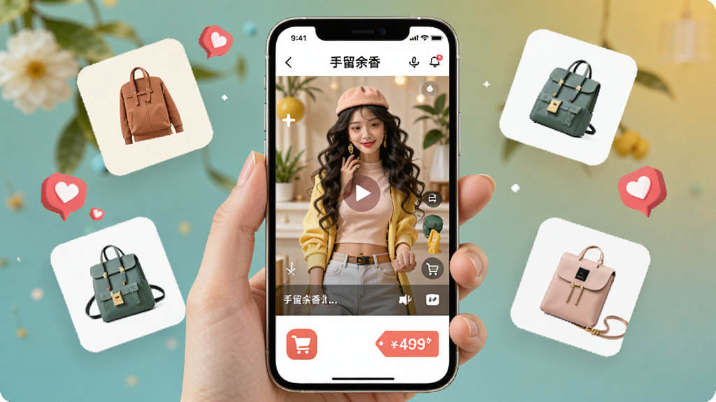 չʾ���������㡱APP�Ķ���Ƶ���ﳡ�����ֻ���Ļ�в�����Ʒչʾ��Ƶ����Ƶ�·��й��ﳵͼ�����Ʒ�۸��ǩ�����湹ͼ���ֻ�Ϊ���壬��Χ��׺��������ƷͼƬ�Ͱ���ͼ�꣬������ʱ�У������������ɾ��޶���Ԫ�ء�