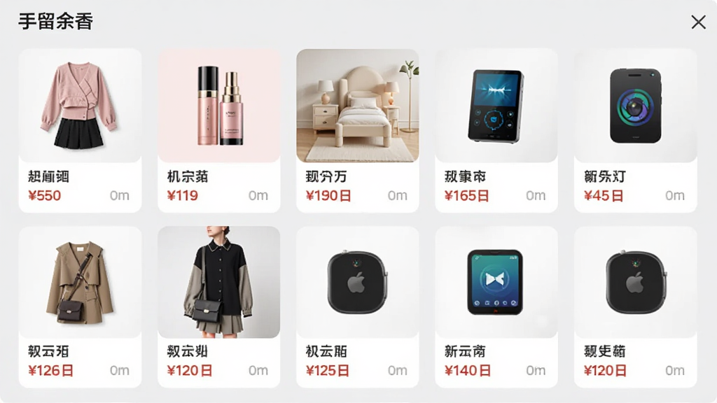չʾ���������㡱APP����Ʒ����ҳ�棬��Ļ���������ж����Ʒ��Ƭ���������Ρ���ױ���Ҿӡ������ͼ�꣬ÿ����Ƭ������ƷͼƬ�ͼ۸񡣱���Ϊǳ��ɫ���������룬��������������ʸ��壬�ɾ��޶���Ԫ�ء�