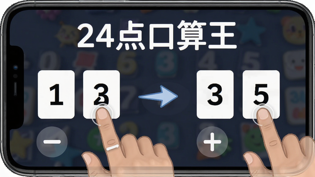 24点口算王使用教程示意图,展示手指点击数字卡片和运算符号的操作过程,背景为手机屏幕截图,标注清晰,风格简洁,画质干净,无多余元素