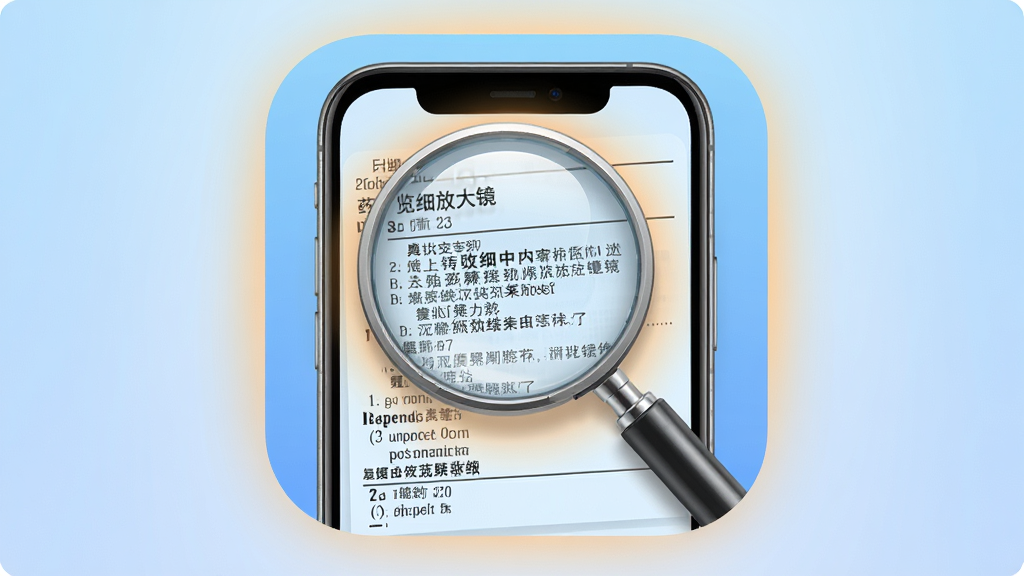 画面中央展示一款名为“览细放大镜”的安卓手机应用图标,图标以放大镜为核心元素,背景为柔和蓝色渐变,手机屏幕内显示清晰放大的药品说明书文字,周围有微弱的暖色光晕,整体布局简洁明亮,排版居中,风格写实,细节包括镜片反光和文字边缘锐利,画质高清干净,无多余元素