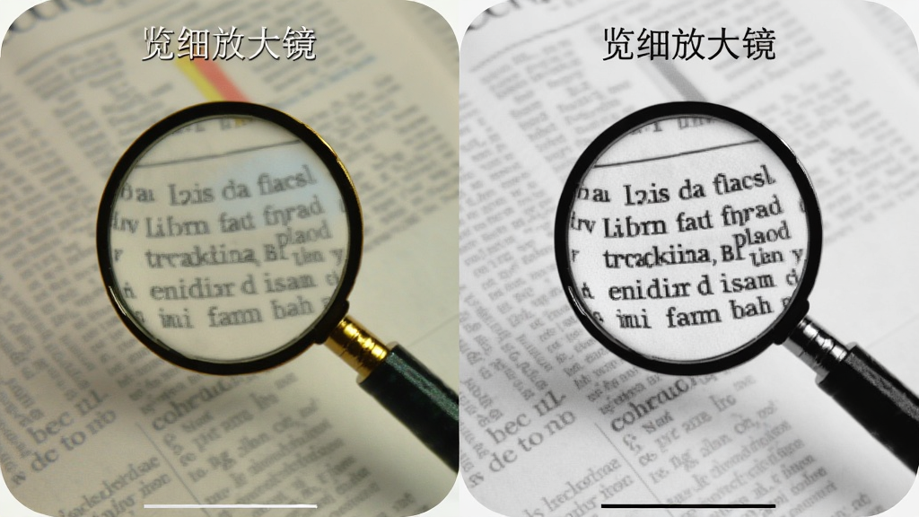 对比展示“览细放大镜”应用中的两种模式效果,左侧为普通彩色模式,右侧为黑白高对比度模式,画面主体为同一段报纸文字,在黑白模式下文字更清晰锐利,背景为浅灰色,布局左右对称,排版居中,风格写实,细节包括两种模式的色彩差异和文字清晰度对比,画质干净,无多余元素