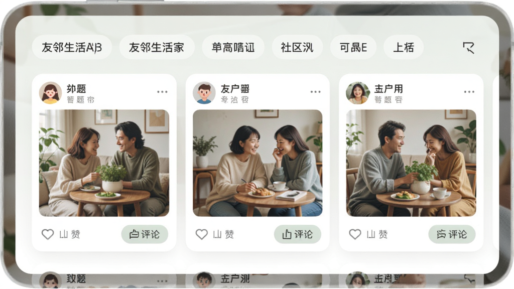 友邻生活家APP的社区互动页面预览图,页面顶部有话题标签,中间是用户发布的动态卡片,配有图片和点赞评论按钮,整体色调柔和,充满生活气息,画质干净,无多余元素