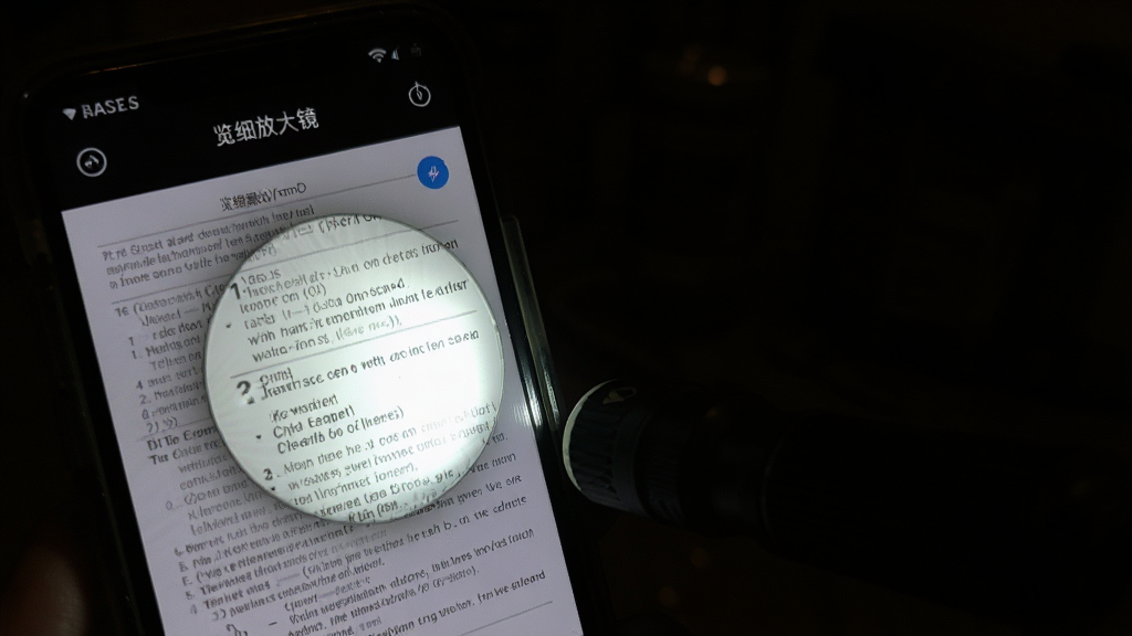 在昏暗环境中,手机打开“览细放大镜”应用并开启手电筒功能,照亮一张药品说明书,光线集中在文字区域,背景黑暗,手机屏幕显示清晰的放大文字,布局以手机和光照区域为主体,排版偏左,风格写实,细节包括光线散射和文字反光,画质干净,无多余元素