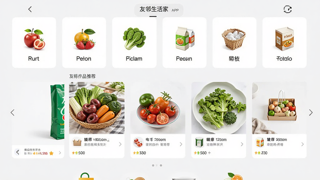 友邻生活家APP的购物页面预览图,页面展示多种商品分类图标,如水果、蔬菜、粮油等,中间有商品推荐轮播图,背景为浅灰色,整体布局清晰,商品图片诱人,画质干净,无多余元素