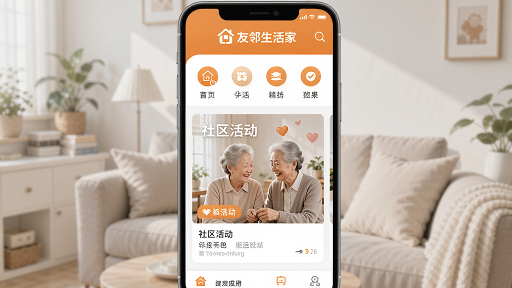 友邻生活家APP主界面预览图,界面简洁大方,以暖橙色和白色为主色调,顶部显示“友邻生活家”logo,下方功能图标排列整齐,中间展示社区活动海报,整体风格温馨明快,适合老年人使用,画质清晰干净,无多余元素