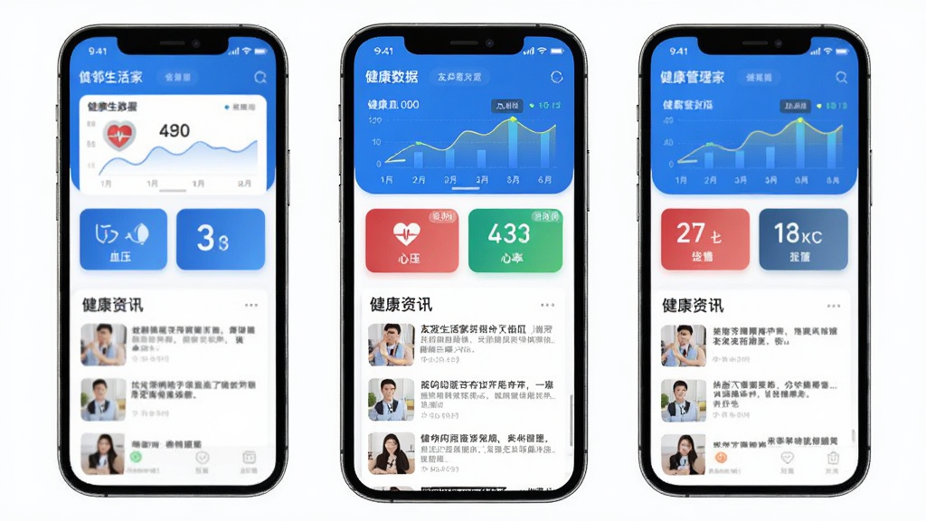 友邻生活家APP的健康管理页面预览图,页面以蓝色为主色调,顶部显示健康数据图表,下方有血压、心率等指标卡片,中间有健康资讯文章列表,整体风格简洁专业,画质清晰,无多余元素