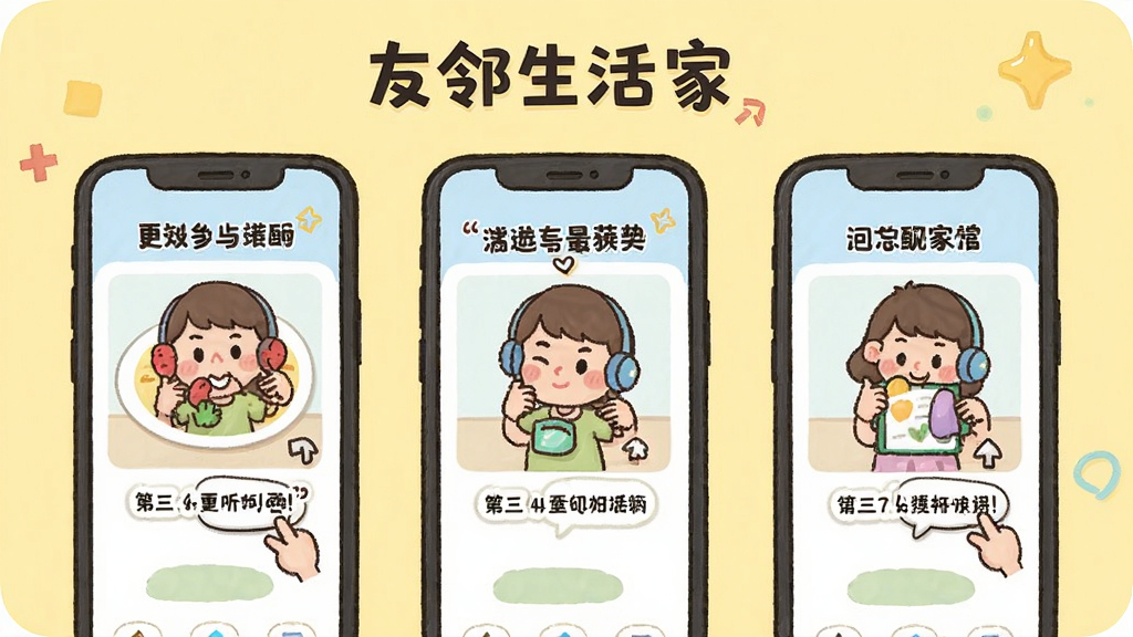 友邻生活家APP的使用教程页面预览图,页面用卡通风格绘制手机操作步骤图,每一步都有文字说明,背景为淡黄色,整体风格活泼易懂,画质干净,无多余元素