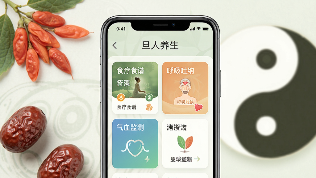 一张展示旦人养生APP核心功能的预览图,画面中央是一部智能手机,屏幕显示“旦人养生”主界面,包含食疗食谱、呼吸吐纳、气血监测等模块,背景是柔和的中式养生元素,如枸杞、红枣、太极图案,整体风格清新自然,画质干净,无多余元素。