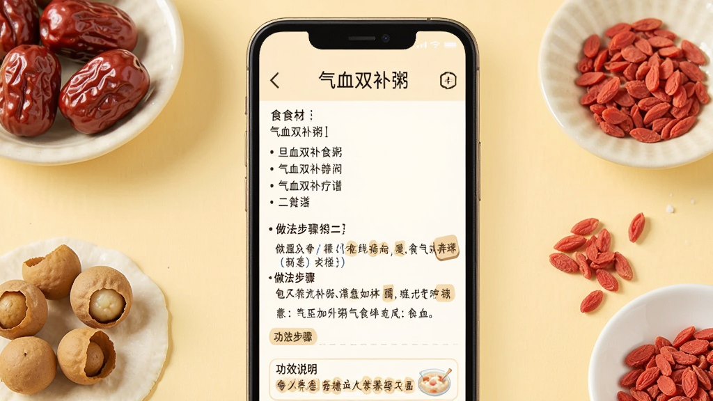 一张展示旦人养生食疗食谱的界面截图,画面中手机屏幕显示“气血双补粥”食谱详情,包含食材清单、做法步骤和功效说明,周围摆放着红枣、桂圆、枸杞等食材,背景是淡黄色的暖色调,整体风格温馨实用,画质干净,无多余元素。