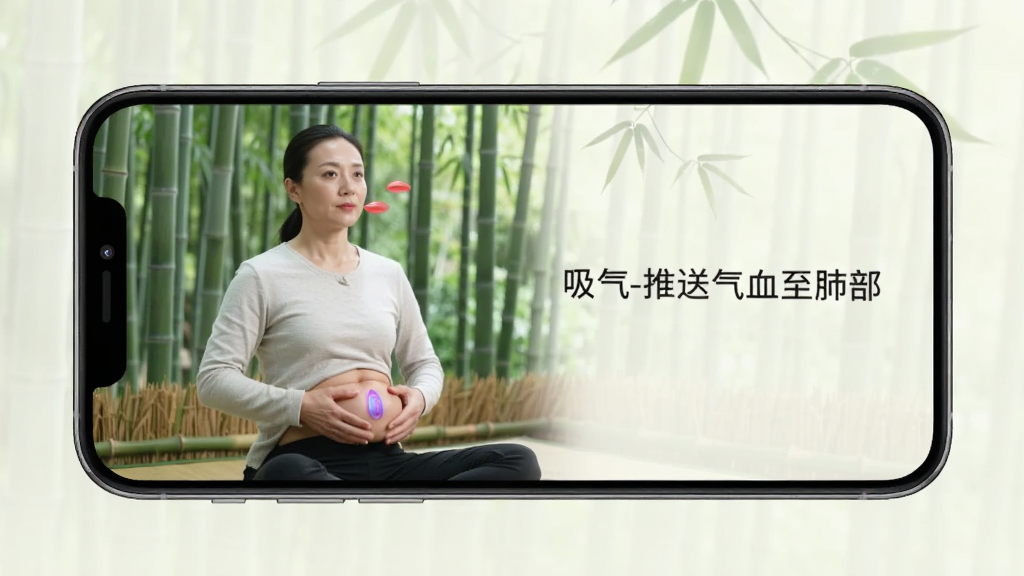 一张展示旦人养生呼吸吐纳练习的界面,画面中手机屏幕播放着教学视频,一位教练正在演示腹式呼吸动作,旁边有文字提示“吸气-推送气血至肺部”,背景是宁静的竹林,整体风格平和放松,画质干净,无多余元素。