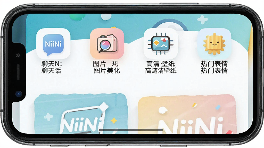 一张智能手机屏幕截图,界面显示“NiiNi”应用主页面,上方有聊天话术、图片美化、高清壁纸、热门表情四个功能图标,整体布局简洁现代,色彩明快,风格清新,细节丰富,画质清晰,干净无多余元素