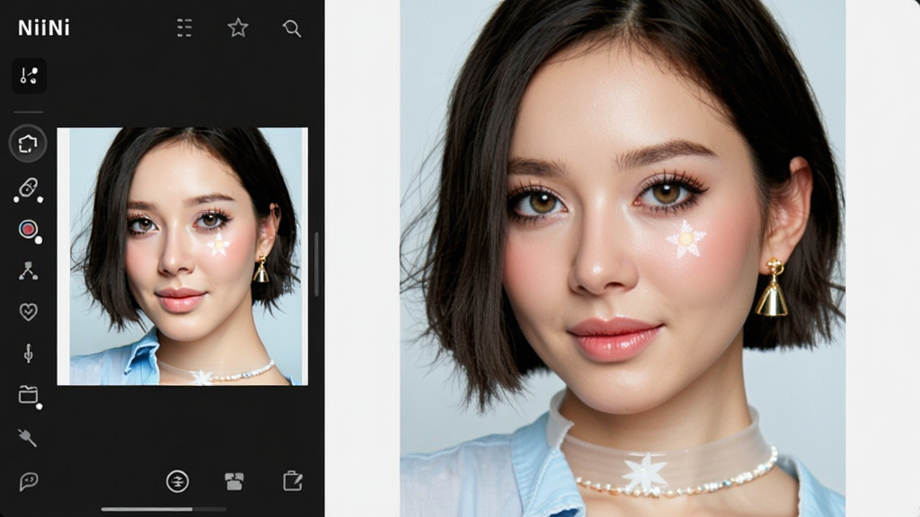 一张展示“NiiNi”图片美化功能的界面截图,左侧为修图工具栏,右侧为示例照片,照片经过美颜滤镜处理,色彩鲜艳,界面直观,风格时尚,细节清晰,画质干净无多余元素