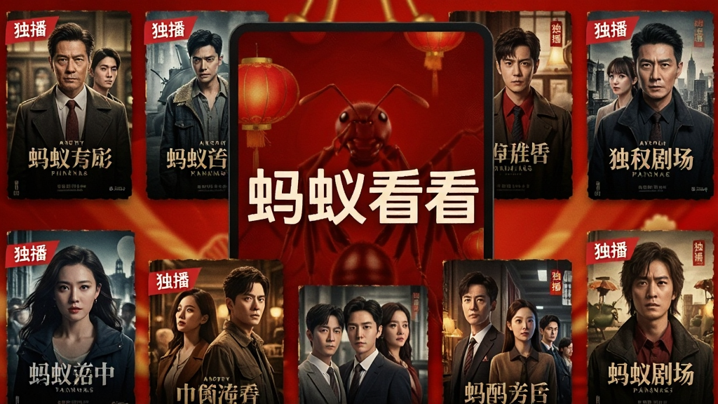 一张展示蚂蚁看看独播剧场的宣传图片,画面主体为一张精美的电子海报,海报中央是