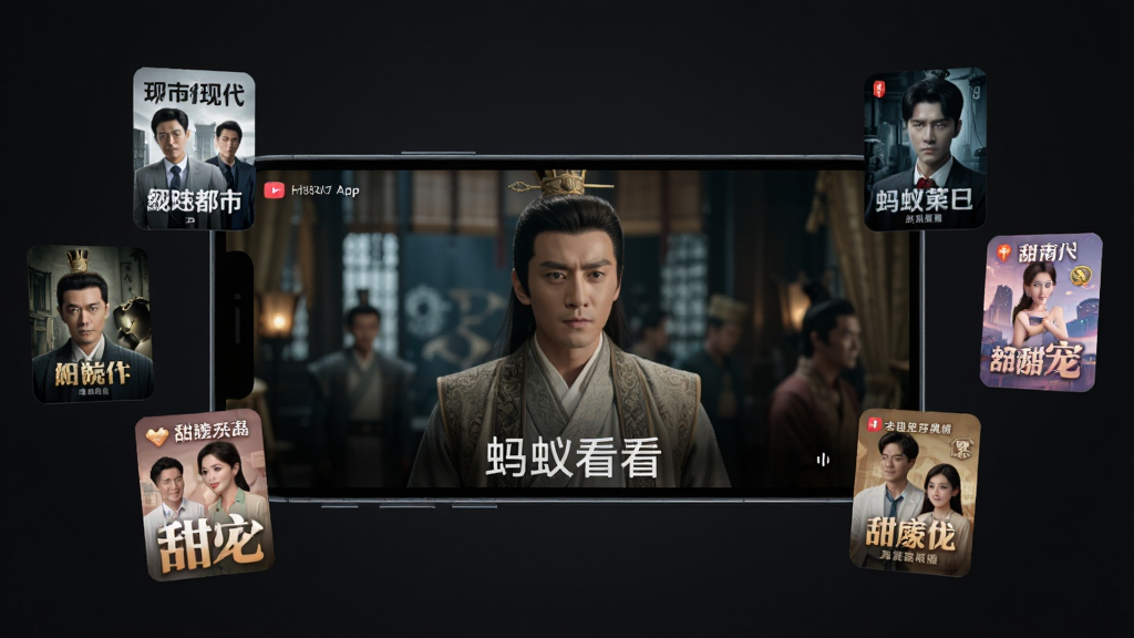 一张展示蚂蚁看看APP内容库的图片,画面主体为手机横屏播放一部古装短剧,屏幕下方有